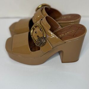 Kurt Geiger London Patent Platform Mule Sandals Eagle Buckle Tan Womens 36.5